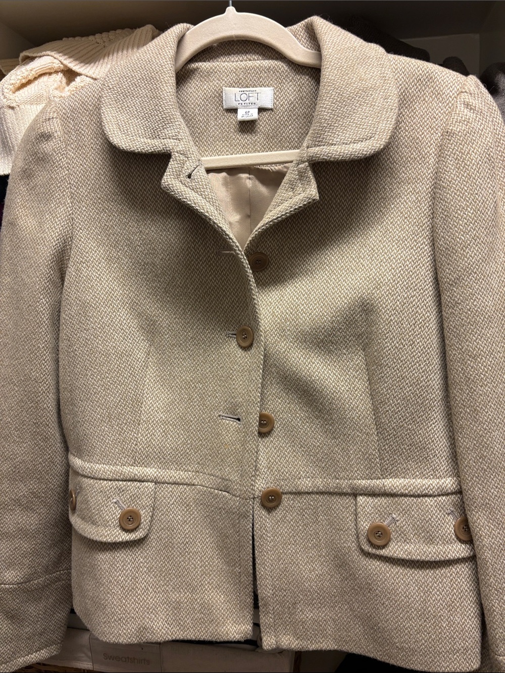 LOFT Beige/Cream Tweed Button-Front Blazer Jacket